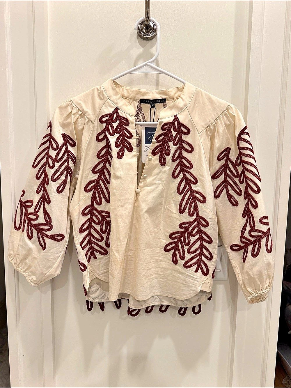 NWT Caballero Embroidered Blouse in Cream & Red